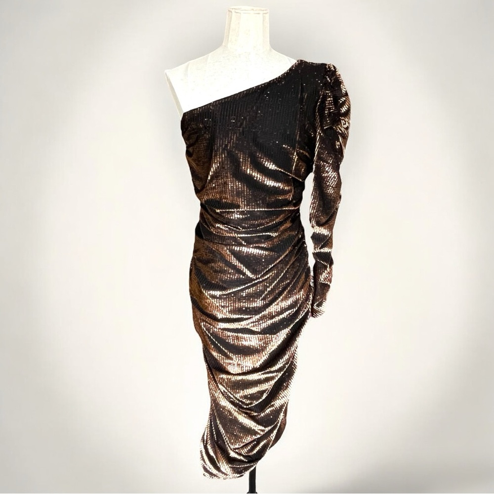 Vintage One-Shoulder 70s/80s Disco Glam Dress with Rushing Made in Canada Brown